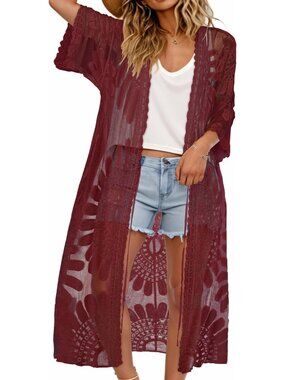 Women's Dark Red Swimsuit Lace Bathing Suit Cover Up Beach Kimono Cardigans Suit